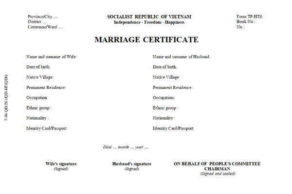 Marriage Certificate form TP/HT6-1996