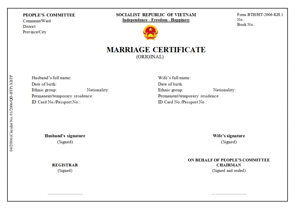 Giấy chứng nhận kết hôn BTP/HT – 2006