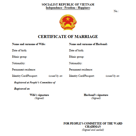 Mẫu giấy xác nhận kết hôn tiếng Anh